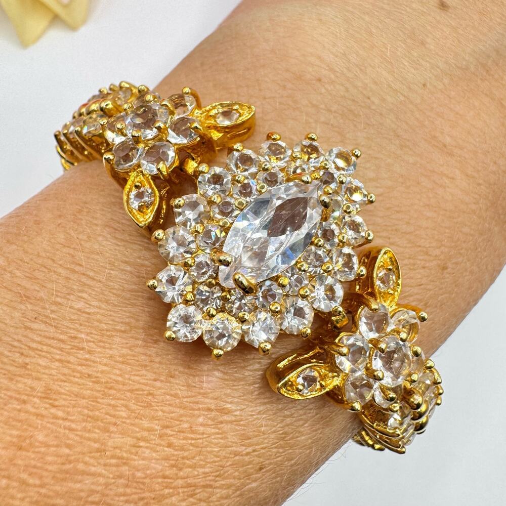 Vintage Opulent Open Back Crystals Floral Bracelet Gold Tone Maximalist Regency